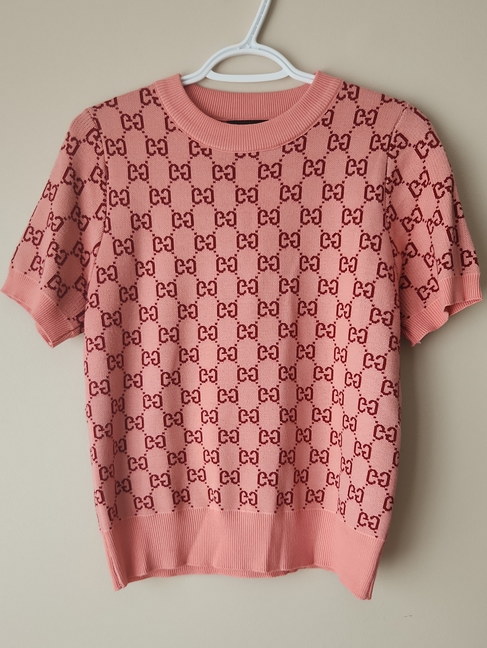 Pink Short-Sleeve Knit Crewneck Sweater